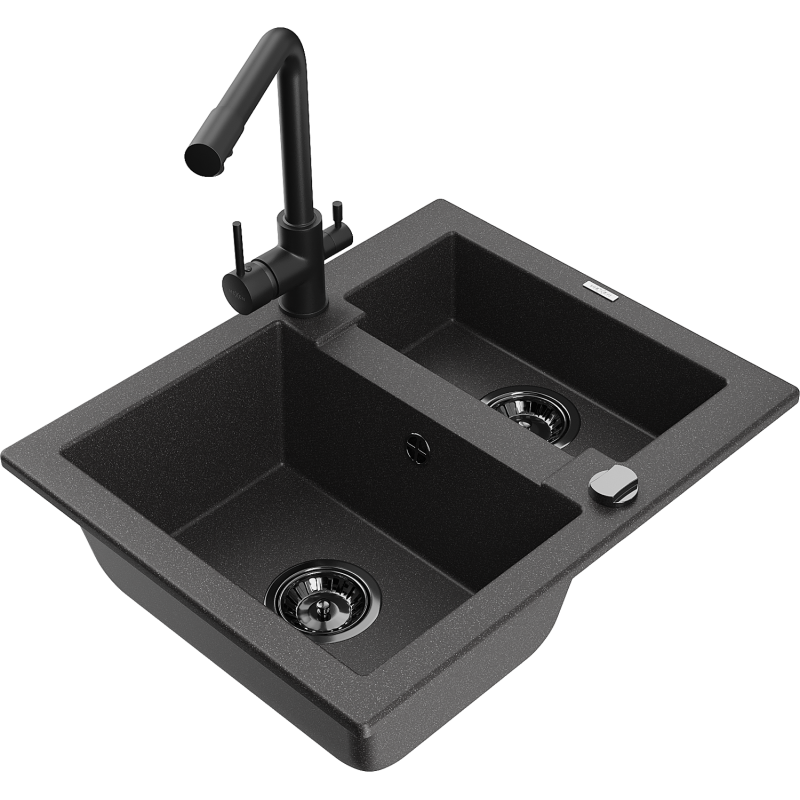 Mexen Carlos granite sink 1.5-bowl with Duero kitchen tap, black speckled - 6518-76-671600-70-B