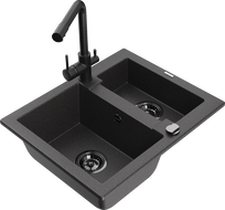 Mexen Carlos granite sink 1.5-bowl with Duero kitchen tap, black speckled - 6518-76-671600-70-B