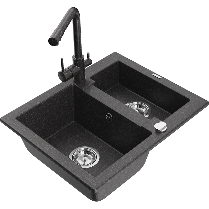 Mexen Carlos fregadero de granito de 1,5 senos con grifo de cocina Duero, negro moteado - 6518-76-671600-76
