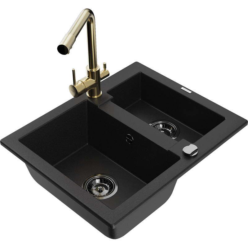 Mexen Carlos lava-loiça de granito 1,5-cuba com torneira de cozinha Duero, preto - 6518-77-671600-50-B