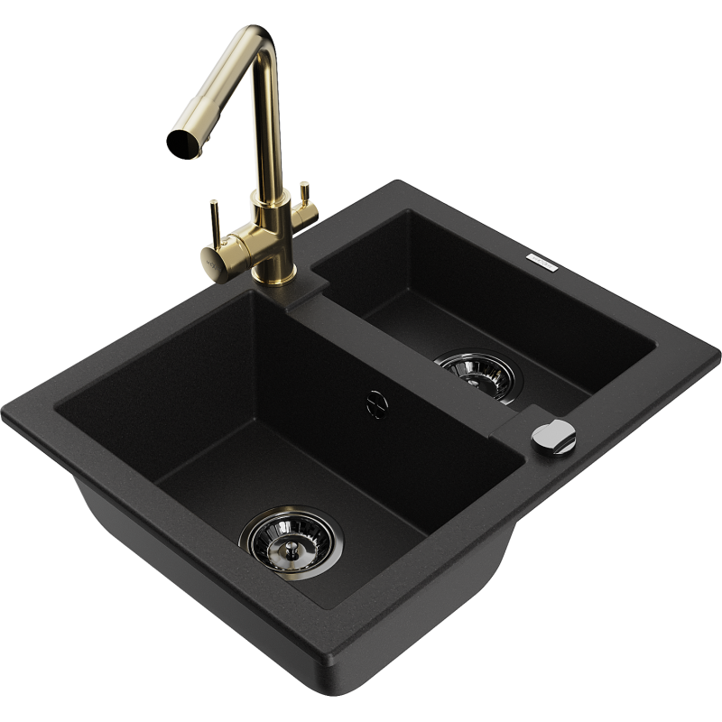 Mexen Carlos lavello in granito 1,5 vasche con rubinetto da cucina Duero, nero - 6518-77-671600-50-B