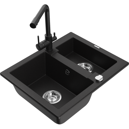 Mexen Carlos granite sink 1.5-bowl with Duero kitchen tap, black - 6518-77-671600-70