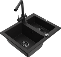 Mexen Carlos granite sink 1.5-bowl with Duero kitchen tap, black - 6518-77-671600-70-B
