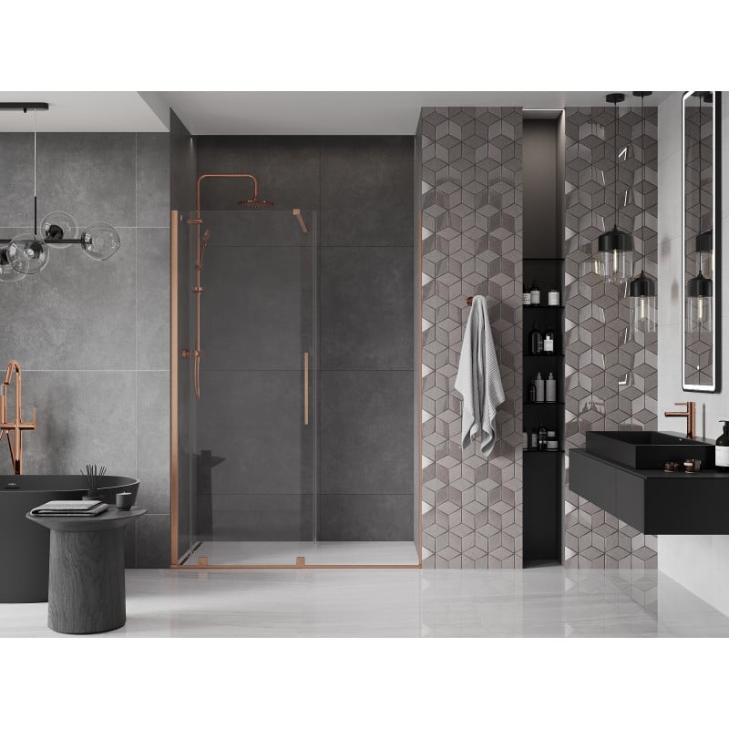 Mexen Velar drzwi prysznicowe rozsuwane 130 cm, transparent, miedź szczotkowana - 871-130-000-01-65
