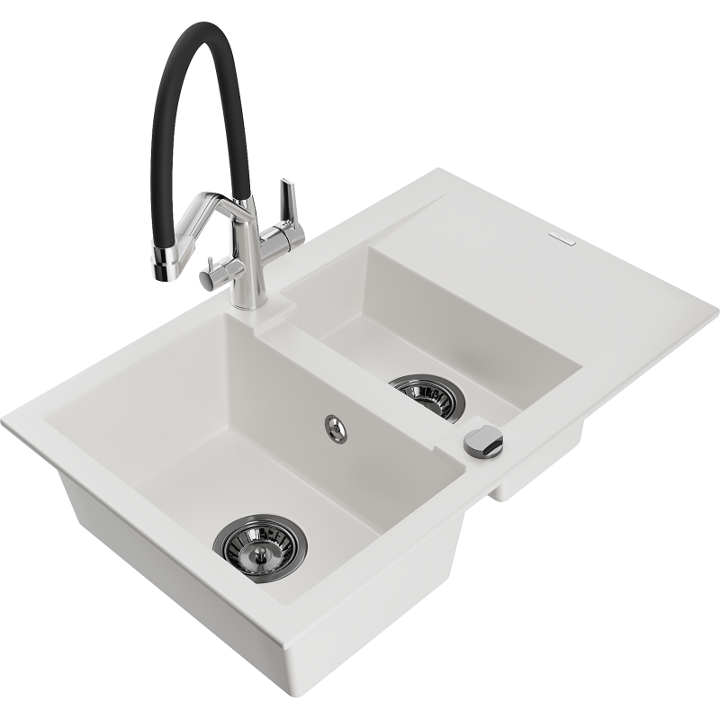 Mexen Gaspar évier en granit 1,5 bac avec égouttoir et robinet de cuisine Duo, blanc - 6507-20-671701-07-B