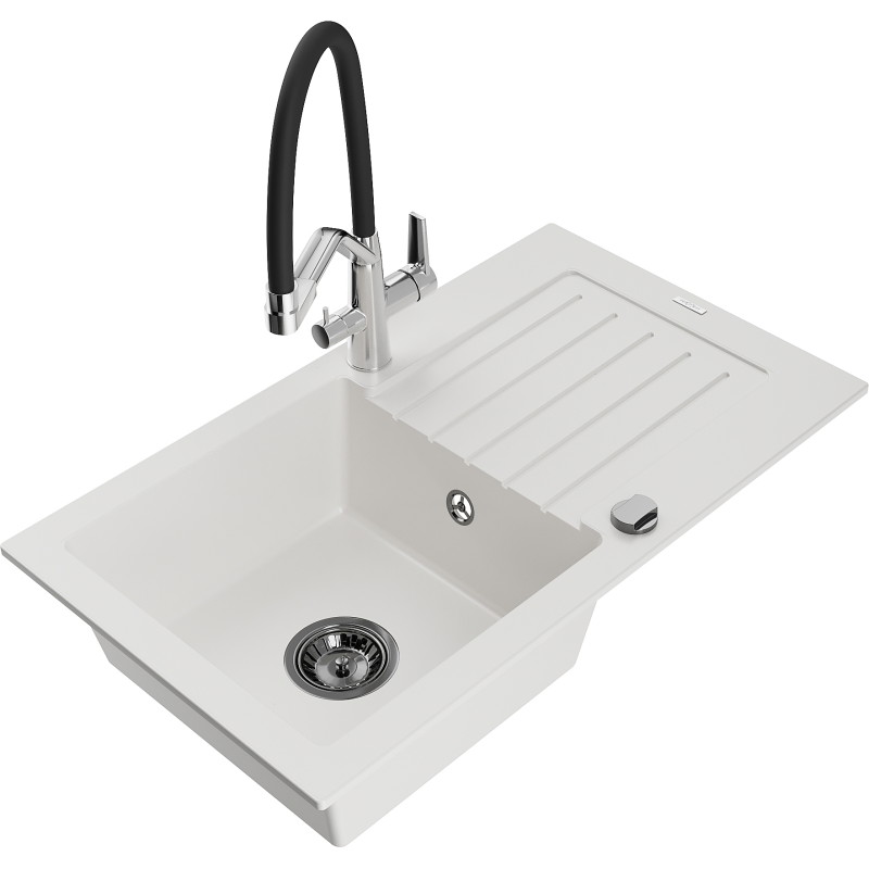 Mexen Pablo fregadero de granito de 1 seno con escurridor y grifo de cocina Duo, blanco - 6510-20-671701-07-B