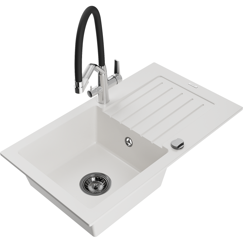 Mexen Pablo lava-louça de granito 1-cuba com escorredor e torneira de cozinha Duo, branco - 6510-20-671701-07-B