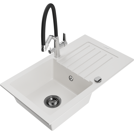Mexen Pablo granite kitchen sink 1-bowl with drainer and Duo kitchen tap, white - 6510-20-671701-07-B