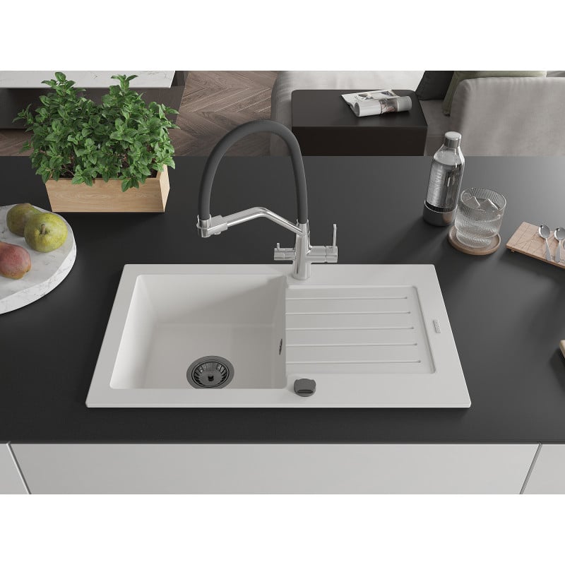Mexen Pablo granite kitchen sink 1-bowl with drainer and Duo kitchen tap, white - 6510-20-671701-07-B