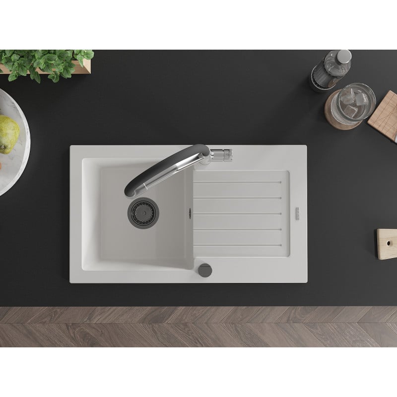 Mexen Pablo granite kitchen sink 1-bowl with drainer and Duo kitchen tap, white - 6510-20-671701-07-B