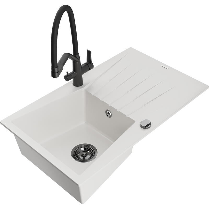 Mexen Cesar fregadero de granito de 1 cubeta con escurridor y grifo de cocina Duo, blanco - 6514-20-671701-70-B