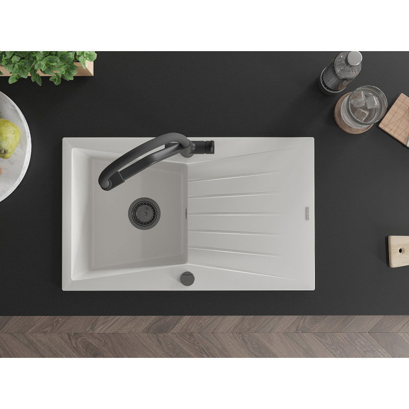 Mexen Cesar lavello in granito ad 1 vasca con scolapiatti e rubinetto da cucina Duo, bianco - 6514-20-671701-70-B