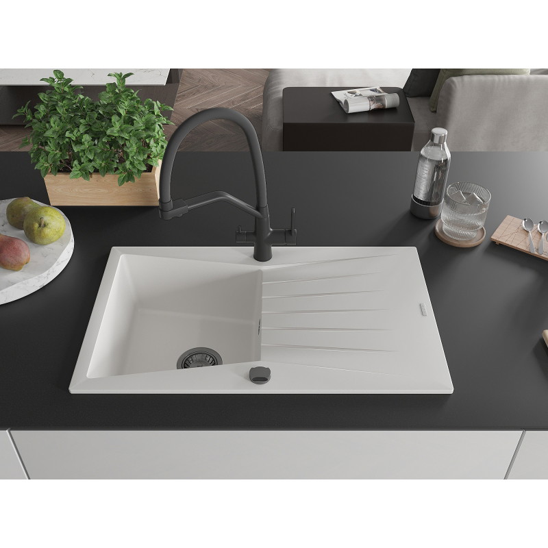 Mexen Cesar fregadero de granito de 1 seno con escurridor y grifo de cocina Duo, blanco - 6514-20-671701-70-B