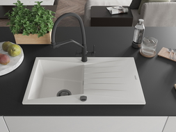 Mexen Cesar granite sink 1-bowl with drainer and Duo kitchen tap, white - 6514-20-671701-70-B