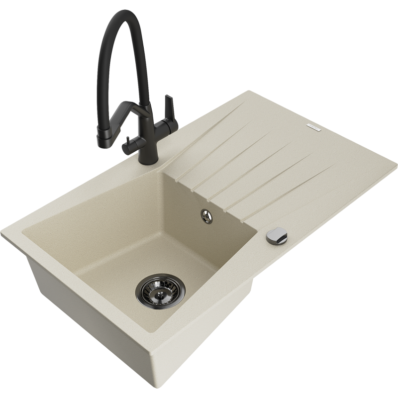 Mexen Cesar 1-bowl granite sink with drainer and Duo kitchen tap, beige - 6514-69-671701-70-B