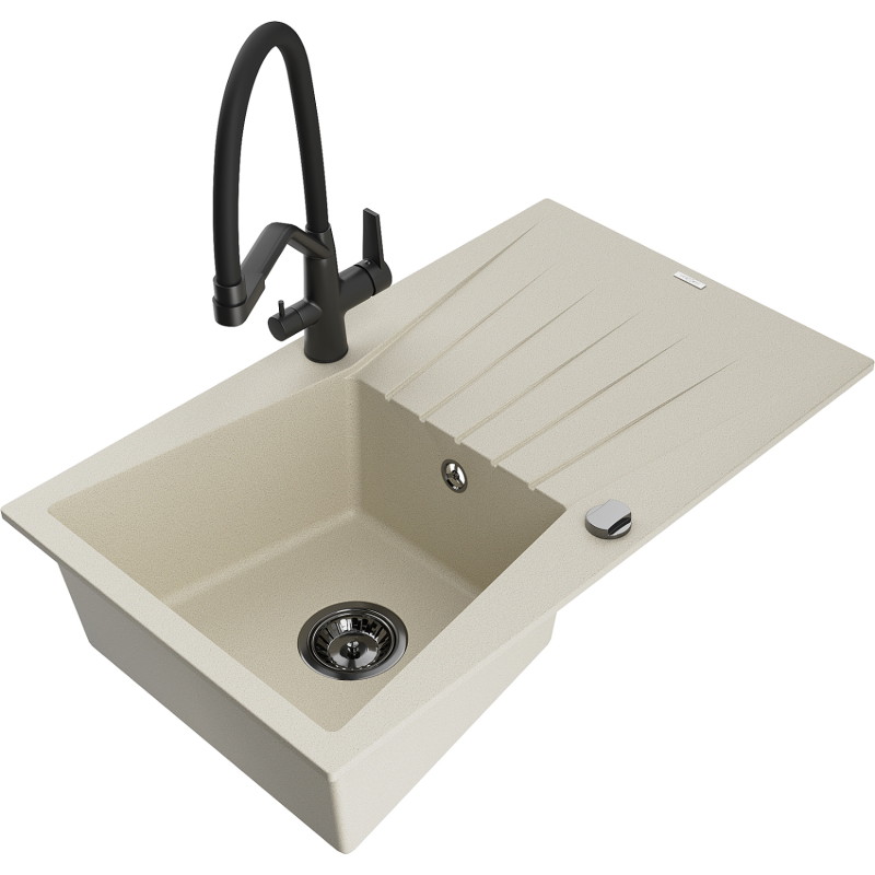 Mexen Cesar fregadero de granito de 1 seno con escurridor y grifo de cocina Duo, beige - 6514-69-671701-70-B