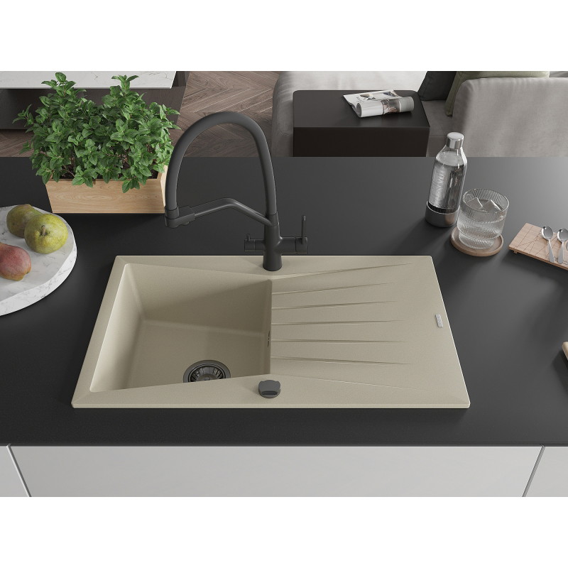 Mexen Cesar Granitspüle 1-Becken mit Abtropffläche und Küchenarmatur Duo, beige - 6514-69-671701-70-B