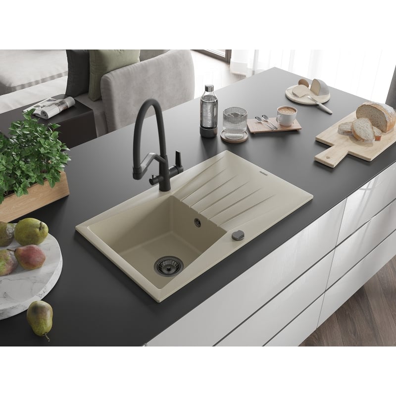 Mexen Cesar 1-Bowl Granite Sink with Drainer and Duo Kitchen Faucet, Beige - 6514-69-671701-70-B