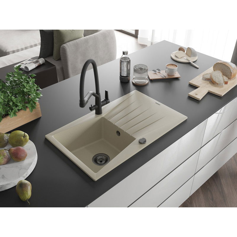 Mexen Cesar fregadero de granito 1-cubeta con escurridor y grifo de cocina Duo, beige - 6514-69-671701-70-B