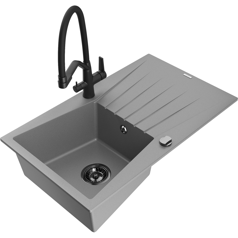 Mexen Cesar fregadero de granito de 1 seno con escurridor y grifo de cocina Duo, gris - 6514-71-671701-70-B