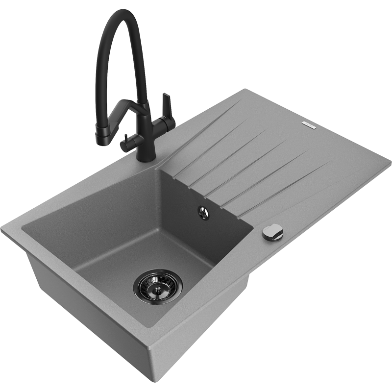 Mexen Cesar granite kitchen sink 1-bowl with drainer and Duo kitchen tap, grey - 6514-71-671701-70-B