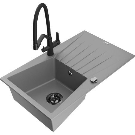 Mexen Cesar granite kitchen sink 1-bowl with drainer and Duo kitchen tap, grey - 6514-71-671701-70-B