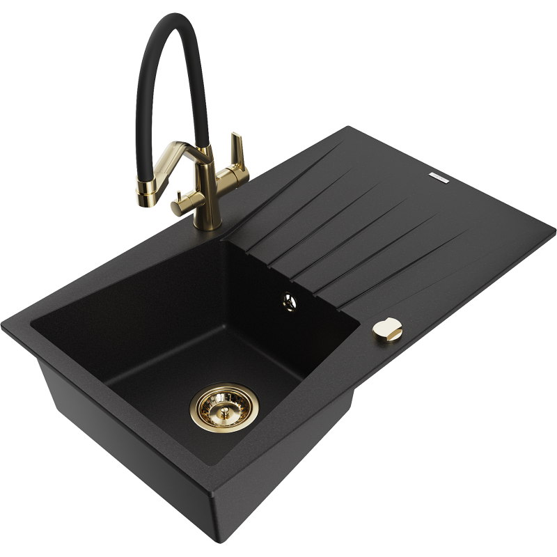 Mexen Cesar granite sink 1-bowl with drainer and Duo kitchen tap, black - 6514-77-671701-57-G