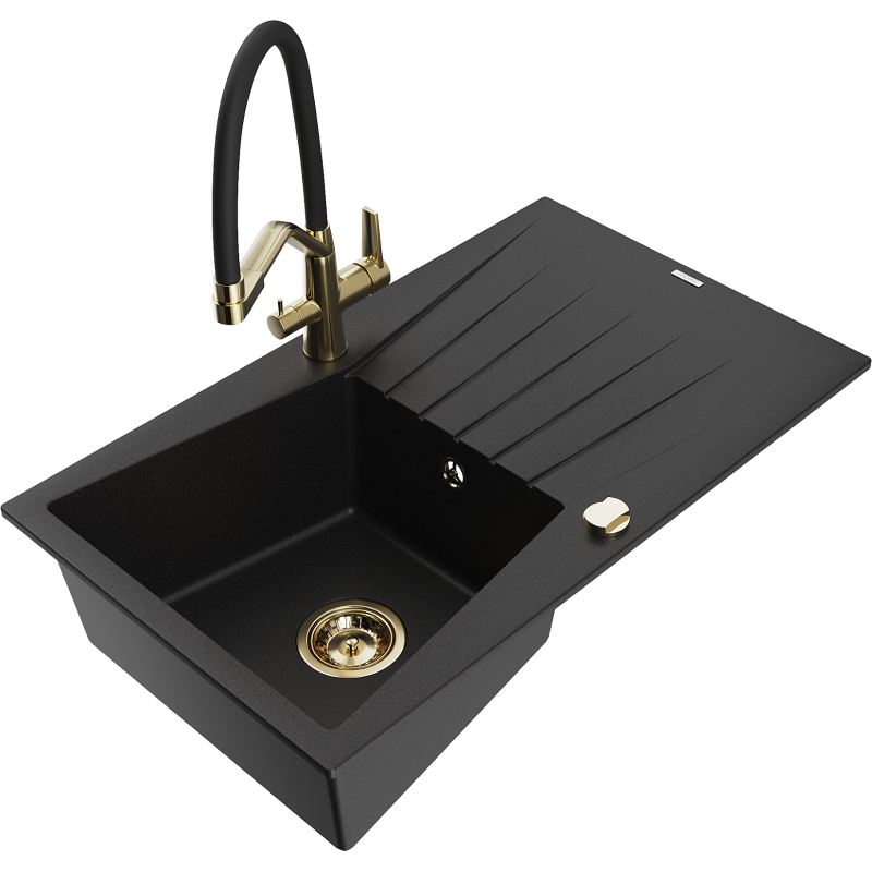 Mexen Cesar lavello in granito con 1 vasca con scolapiatti e rubinetto da cucina Duo, nero - 6514-77-671701-57-G