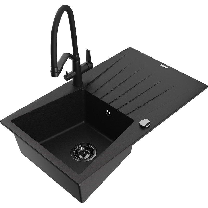 Mexen Cesar single-bowl granite sink with drainer and Duo kitchen tap, black - 6514-77-671701-70-B