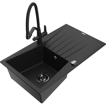 Mexen Cesar fregadero de granito de 1 cubeta con escurridor y grifo de cocina Duo, negro - 6514-77-671701-70-B