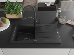 Mexen Cesar granite kitchen sink 1-bowl with drainer and Duo kitchen faucet, black - 6514-77-671701-70-B