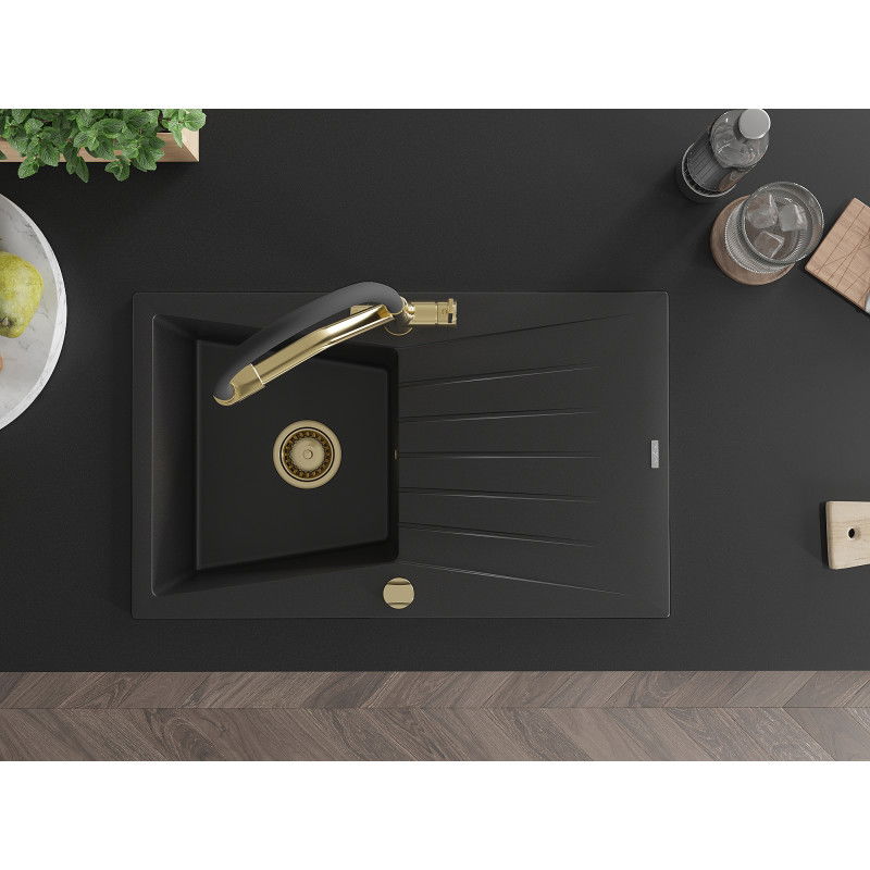Mexen Cesar fregadero de granito de 1 cubeta con escurridor y grifo de cocina Duo, negro - 6514-77-671701-57-G