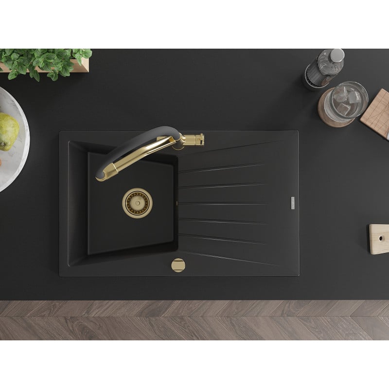 Mexen Cesar granite sink 1-bowl with drainer and Duo kitchen tap, black - 6514-77-671701-57-G