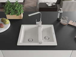 Mexen Carlos 1.5-bowl granite kitchen sink with Rita tap, white - 6518-20-670300-00