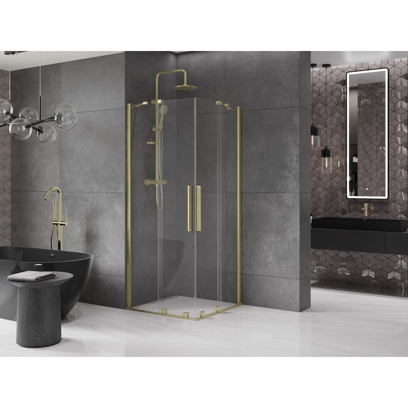 Mexen Velar Duo skjutbar duschkabin 80 x 80 cm, transparent, borstade guld - 871-080-080-02-55