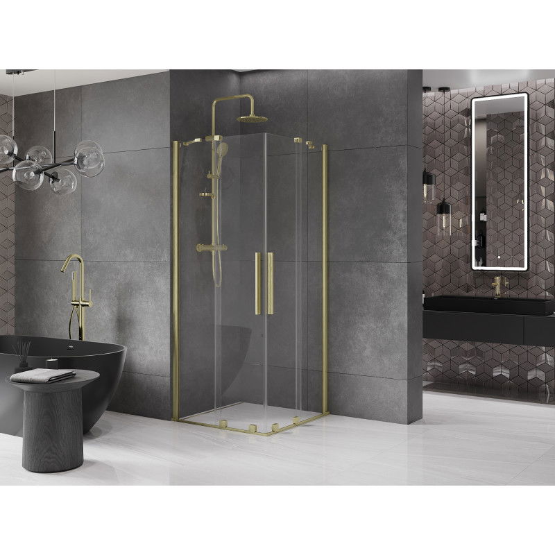 Mexen Velar Duo skjutbar duschkabin 90 x 90 cm, transparent, borstad guld - 871-090-090-02-55