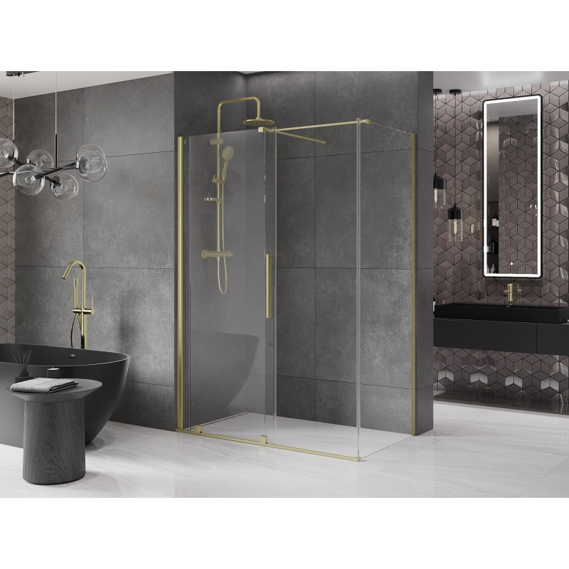 Mexen Velar klizna za tuš s kliznim vratima 140 x 75 cm, prozirna, brušeno zlato - 871-140-075-01-55