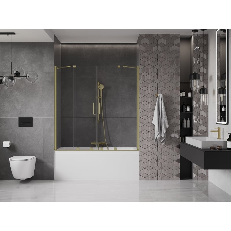 Mexen Velar Duo 2-Panel Sliding Bathtub Screen 150 x 150 cm, Transparent, Brushed Gold - 896-150-000-02-55