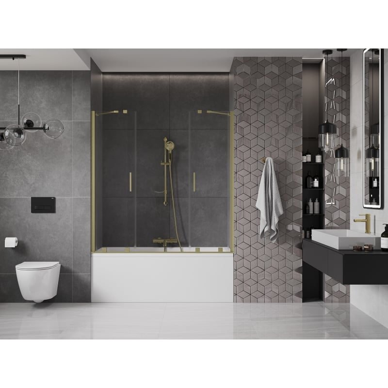 Mexen Velar Duo 2-Panel Sliding Bathtub Screen 150 x 150 cm, Transparent, Brushed Gold - 896-150-000-02-55