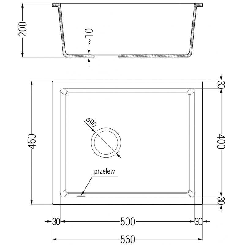 Mexen Pedro fregadero de granito de 1 cubeta 560 x 460 mm, negro, sifón cromado - 6508561000-77