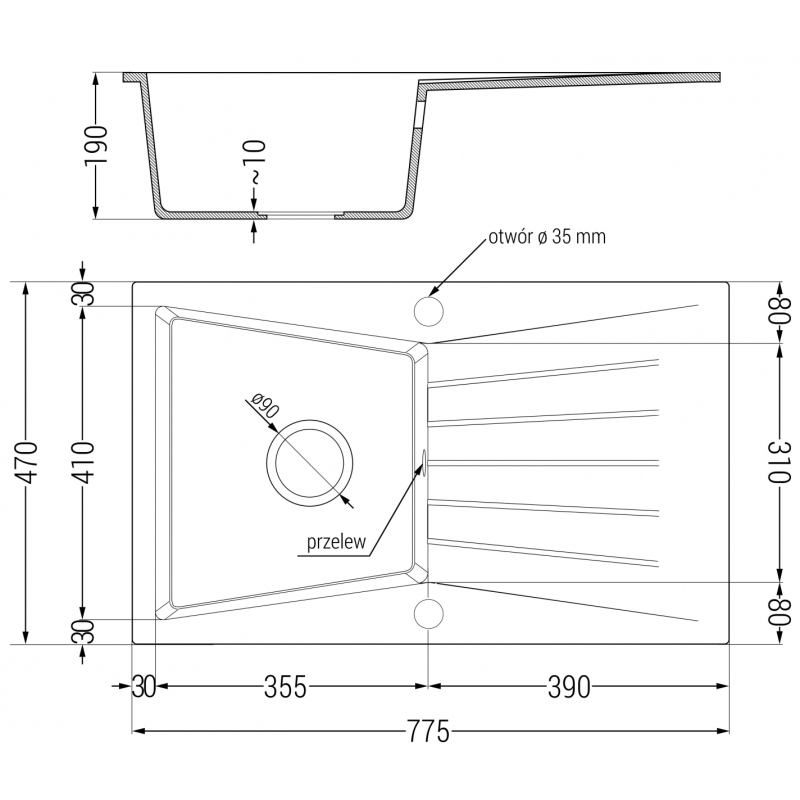 Mexen Cesar fregadero de cocina de granito 1 seno con escurridor 775 x 470 mm, gris, sifón cromado - 6514771010-71