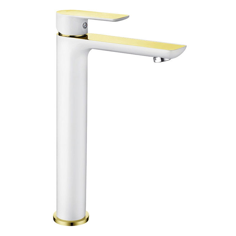 Mexen Alfa héich Waasserhahn fir de Lavabo, wäiss/gëllen - 745710-25