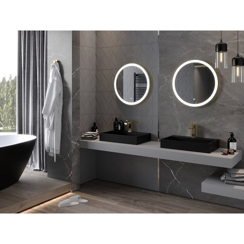 Mexen Esso espejo de baño iluminado, redondo 60 cm, LED 6000K, antivaho, marco dorado - 9825-060-060-611-50