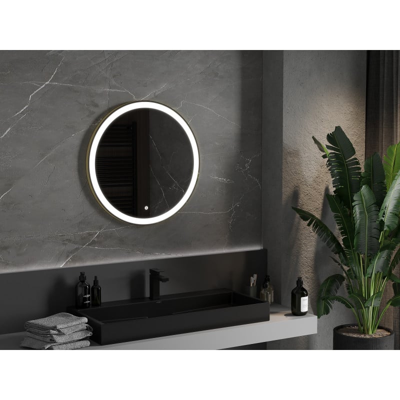 Mexen Esso specchio da bagno illuminato, rotondo 70 cm, LED 6000K, antinebbia, cornice dorata - 9825-070-070-611-50