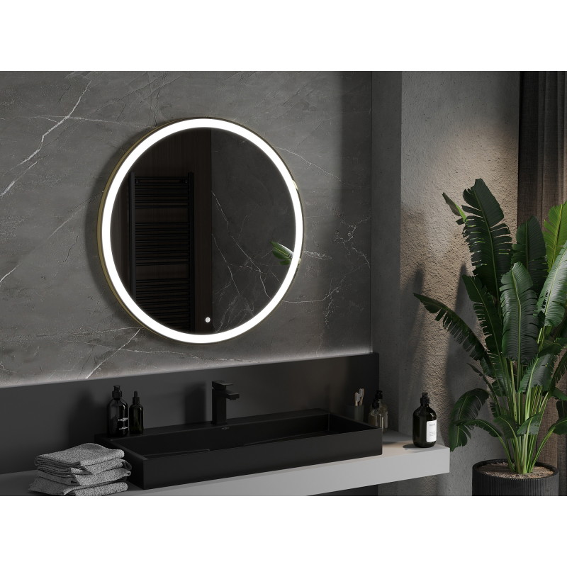 Mexen Esso espejo de baño iluminado, redondo 90 cm, LED 6000K, antivaho, marco dorado - 9825-090-090-611-50