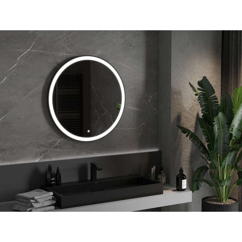 Mexen Esso espejo de baño iluminado, redondo 80 cm, LED 6000K, antivaho, marco negro - 9825-080-080-611-70