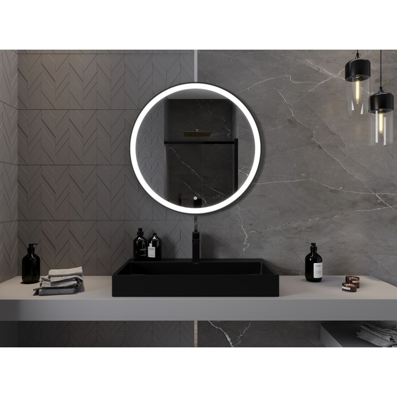 Mexen Esso ronde, verlichte badkamerspiegel, 80 cm, LED 6000K, anti-condens, zwarte rand - 9825-080-080-611-70