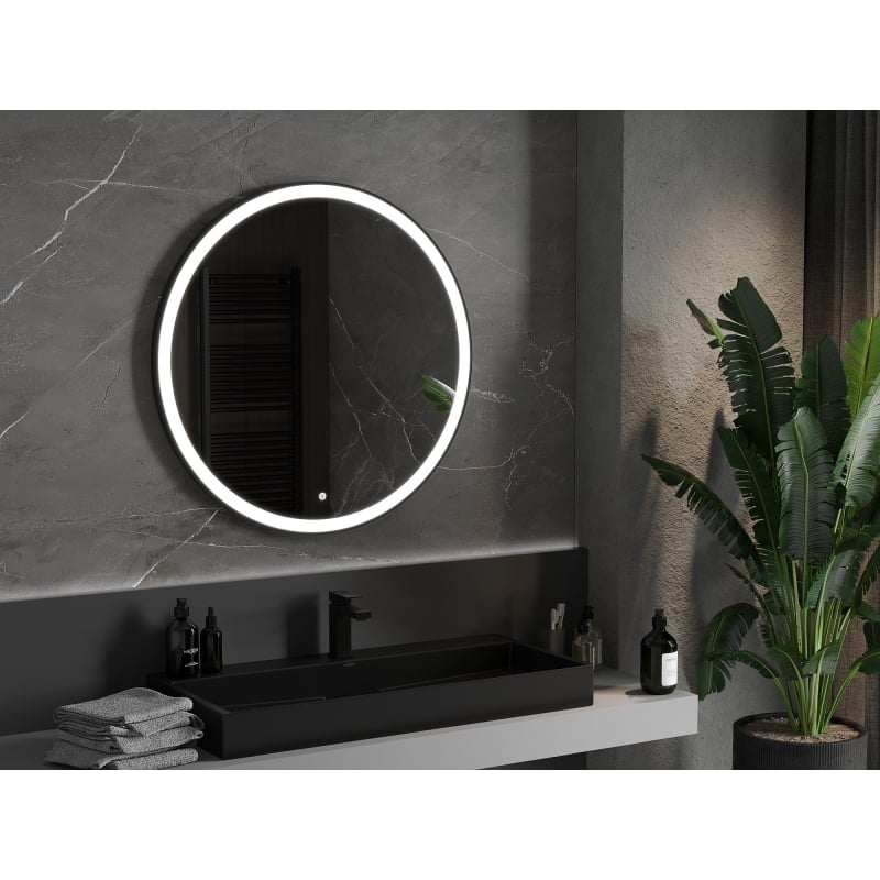 Mexen Esso espejo de baño iluminado, redondo de 90 cm, LED 6000K, antivaho, marco negro - 9825-090-090-611-70