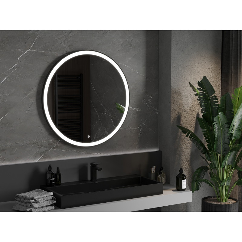Mexen Esso miroir de salle de bain éclairé, rond 90 cm, LED 6000K, anti-buée, cadre noir - 9825-090-090-611-70