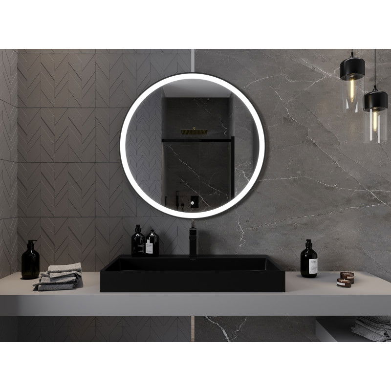 Mexen Esso illuminated bathroom mirror, round 90 cm, LED 6000K, anti-fog, black frame - 9825-090-090-611-70